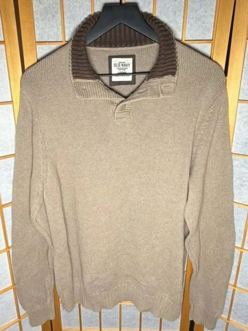 Old Navy Shawl Collar Sweater Size Large Tan Brown 100% Cotton Pullover